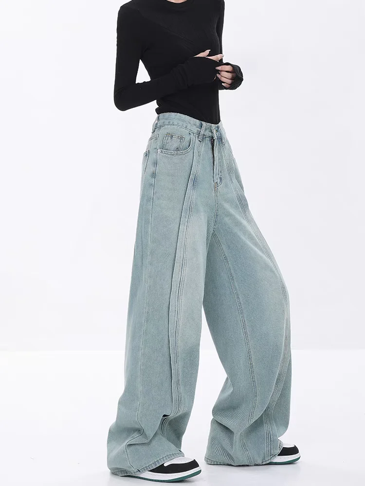 

Women's Summer New Blue Retro Wash Jeans Street Style Baggy High Waisted Bottoms Young Girl Casual Trousers Female Wide Leg Pant