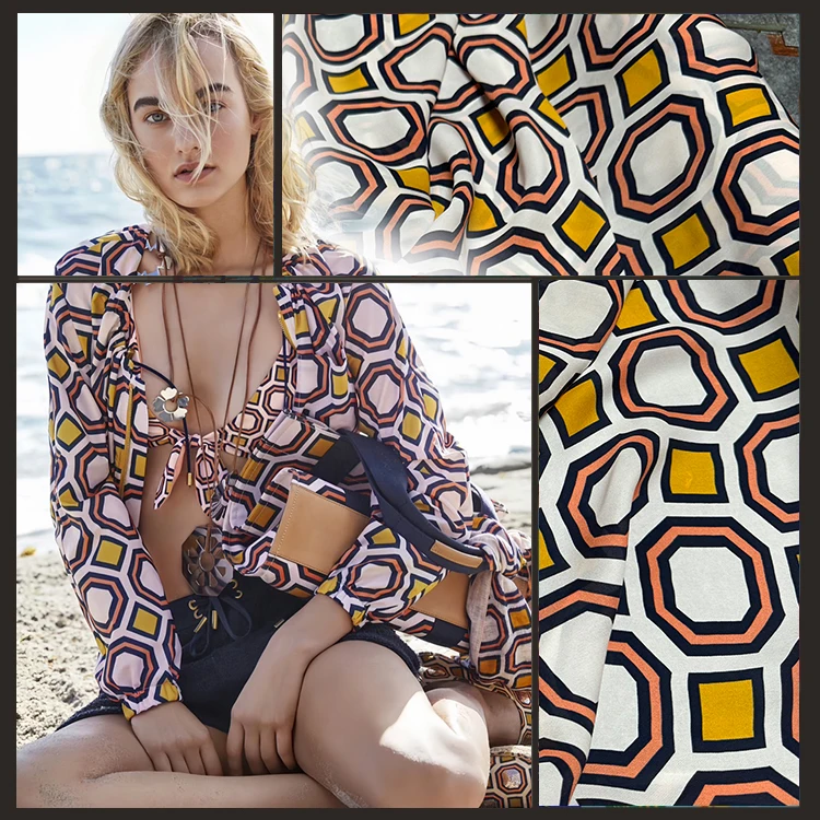 

16 MM 112 wide, geometric square printed silk double Joe fabric, mulberry silk, shirt fabric