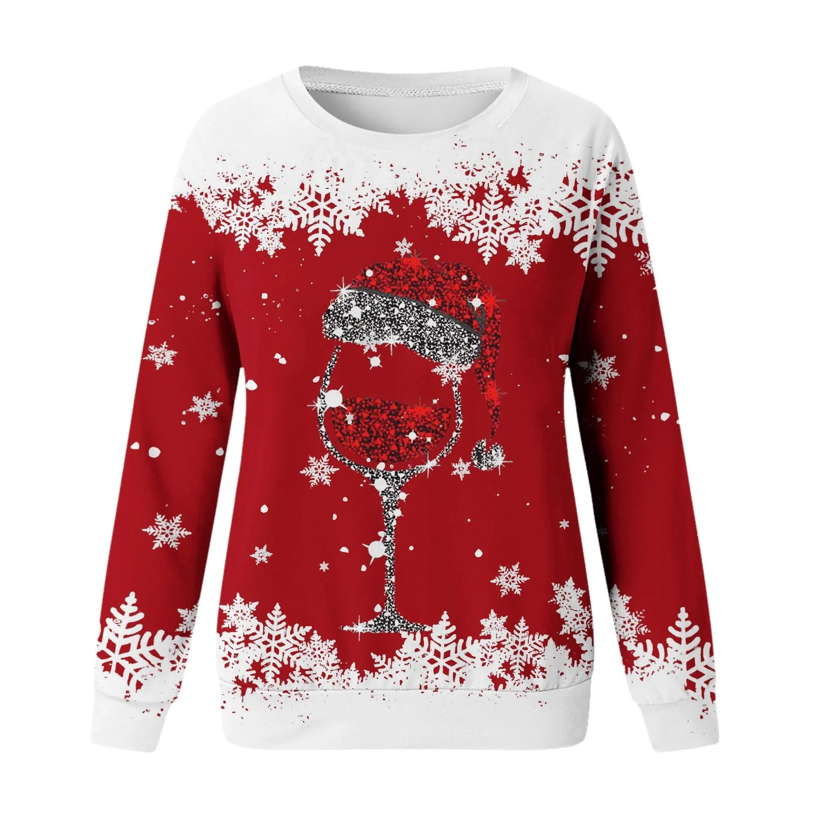 Christmas Fashion Women Xmas Wine Cup Long Sleeve Sweatshirt Cute Reindeer Graphic New Year Ladies Pullovers Female Clothing