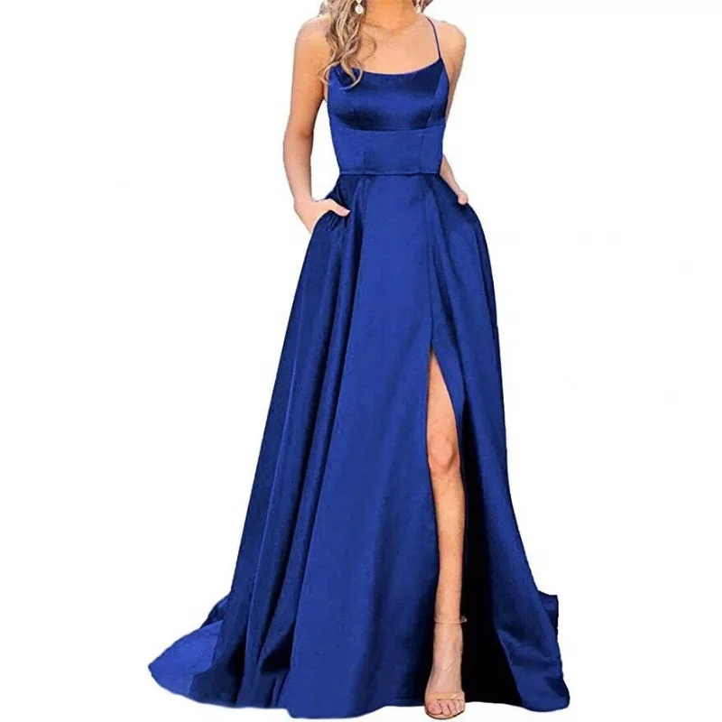 

Sexy Strapl Long Satin Gown Women's Ele Performance Dress Wi Mid-Length Slit Evening Dresses