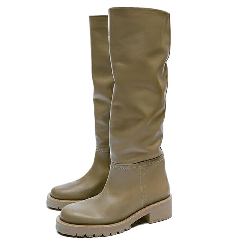 

Ladies' British Styleknee Length Roundtoe Midheel Loose Allcowhide Hightopboots,European AndAmerican Trendbreathable Singleboots