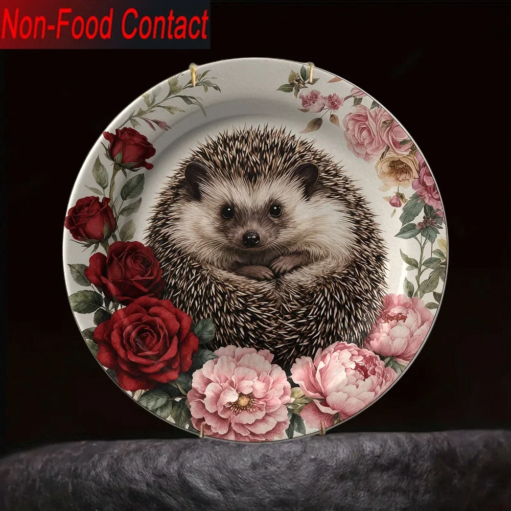 1pc Hedgehog & Pink/Red Roses Ceramic Decorative Plate - Round Non-Food Contact Ornamental Dish for Home Decor, Table