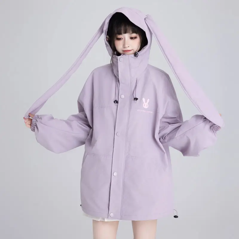 Niedliche und süße Outdoor-Jacke mit Hasenohren für Damen, Frühling und Herbst, neuer koreanischer Stil, lockere und lässige Studentenmäntel, Damenoberteile
