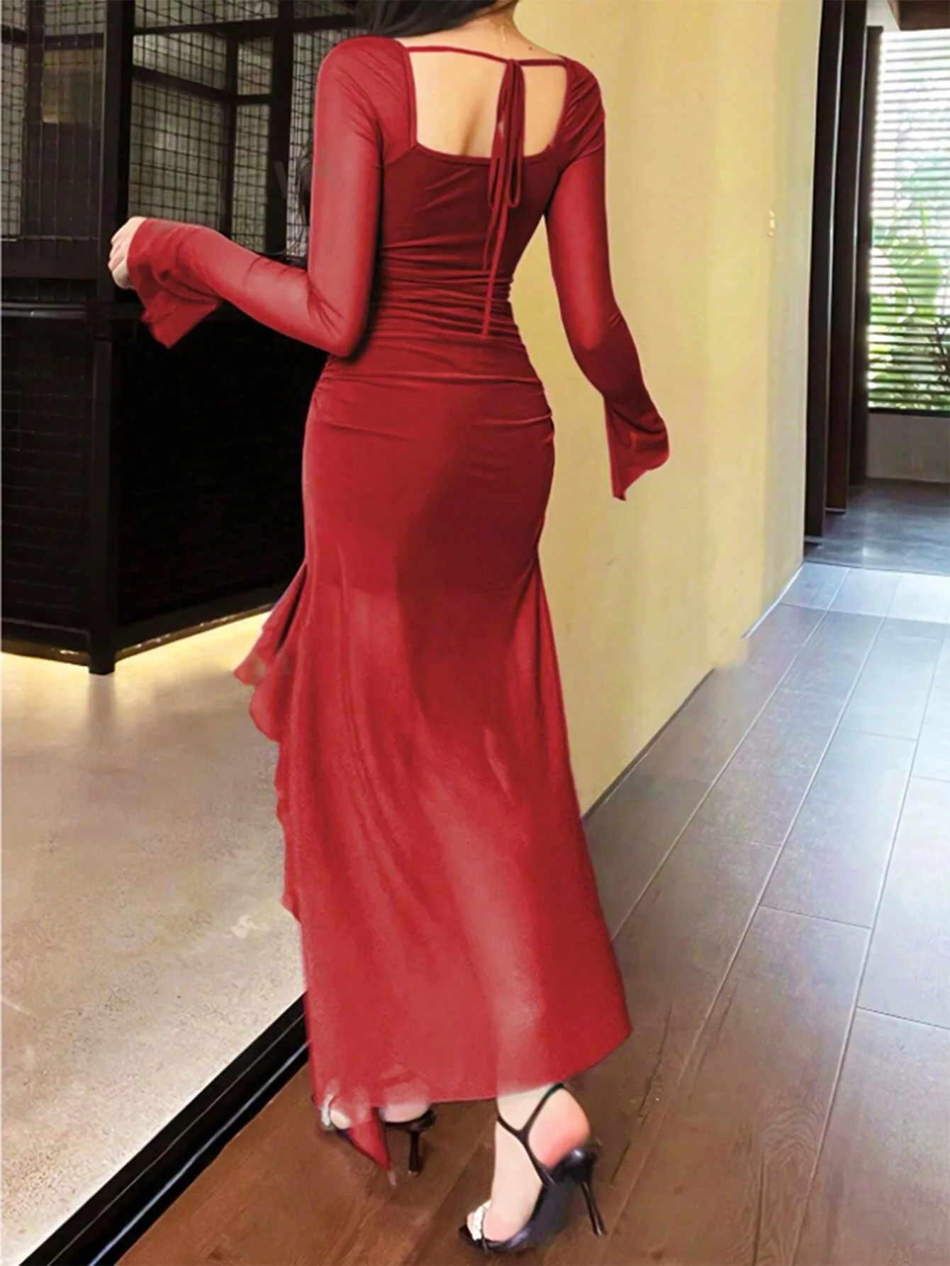 レディース無地フリルトリム長袖ドレスエレガントなファッションシアーメッシュドレス、日常のアウトドアウェア、女性のドレスオールシーズン対応