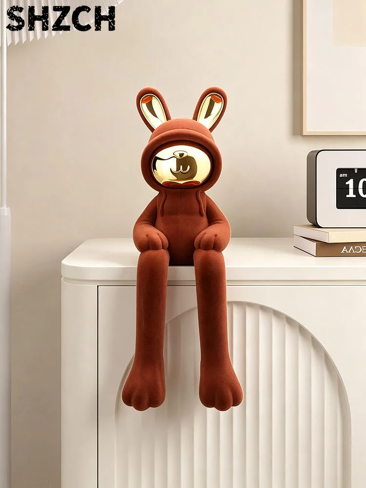 Home Decor Long Leg Flocked Rabbit Resin Statue Rabbit Sculpture Desktop Ornament Living Room TV Cabinet Decor Housewarming Gift