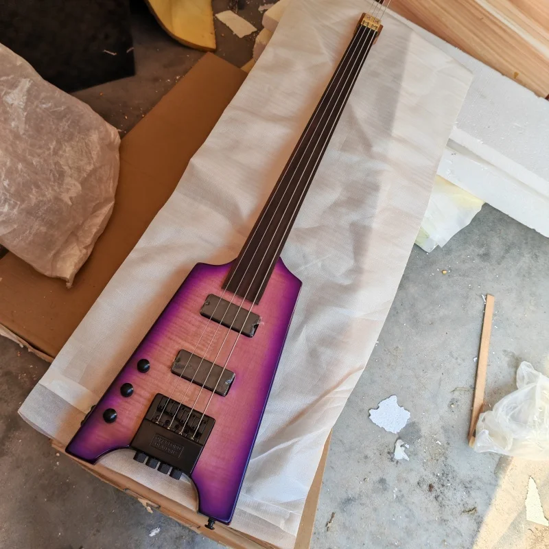 Purple Fretless No Fret Lines Just Side Dots Left-Handed 4 Strings Headless Electric Bass Guitar, Mahogany Body BJ944