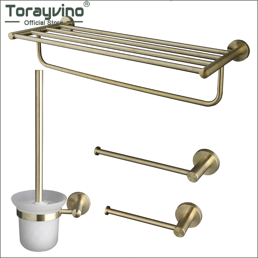 Torayvino Brushed Gold Bathroom Accessories Set Stainless Steel Bath Hardware Wall Mounted Bathtub Toilet Brush & Towel Rack