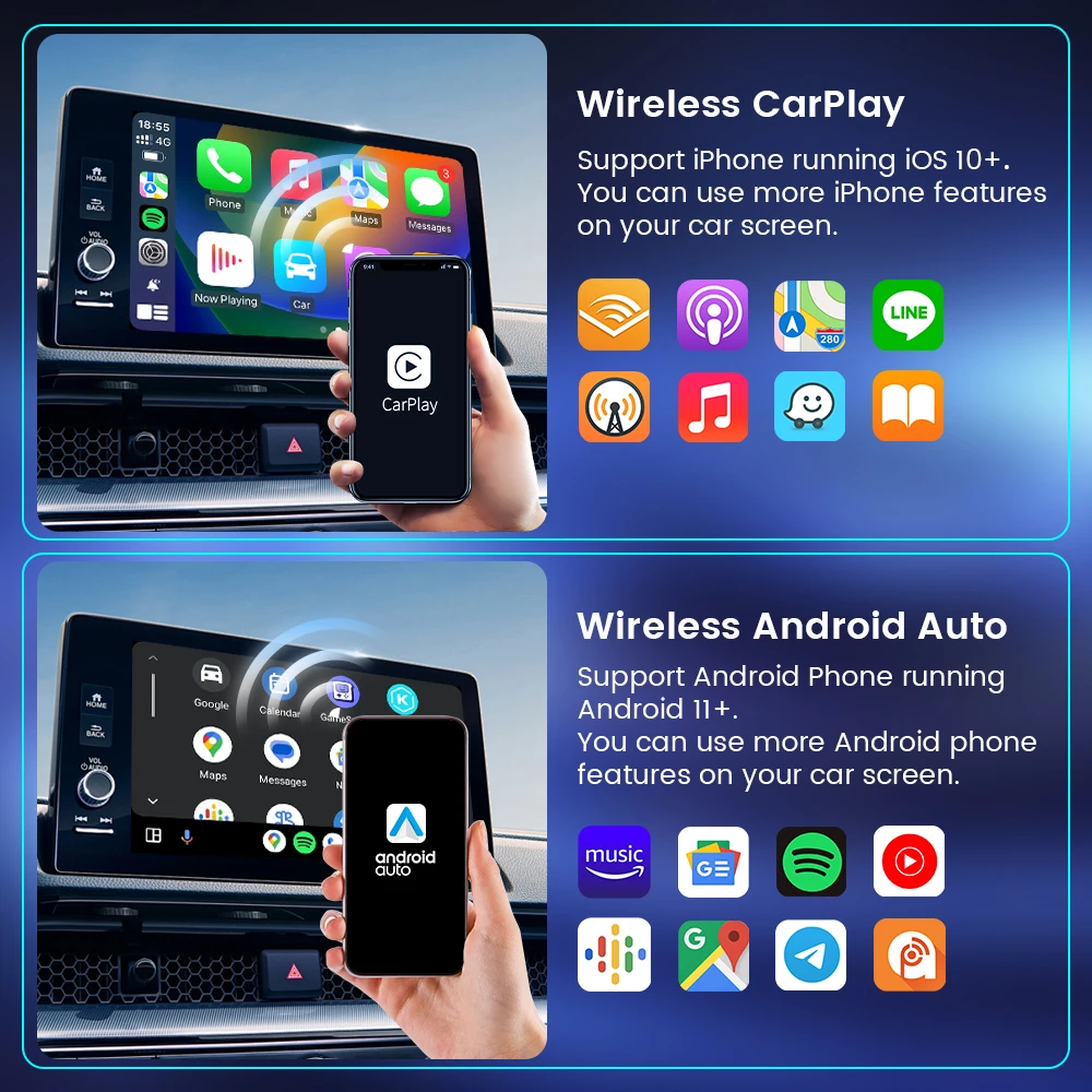 NOVO HEYINCAR Carplay sem fio e Android Auto 2 em 1 Adaptador AI Smart Box Plug and Play para todos os carros com Carplay com fio