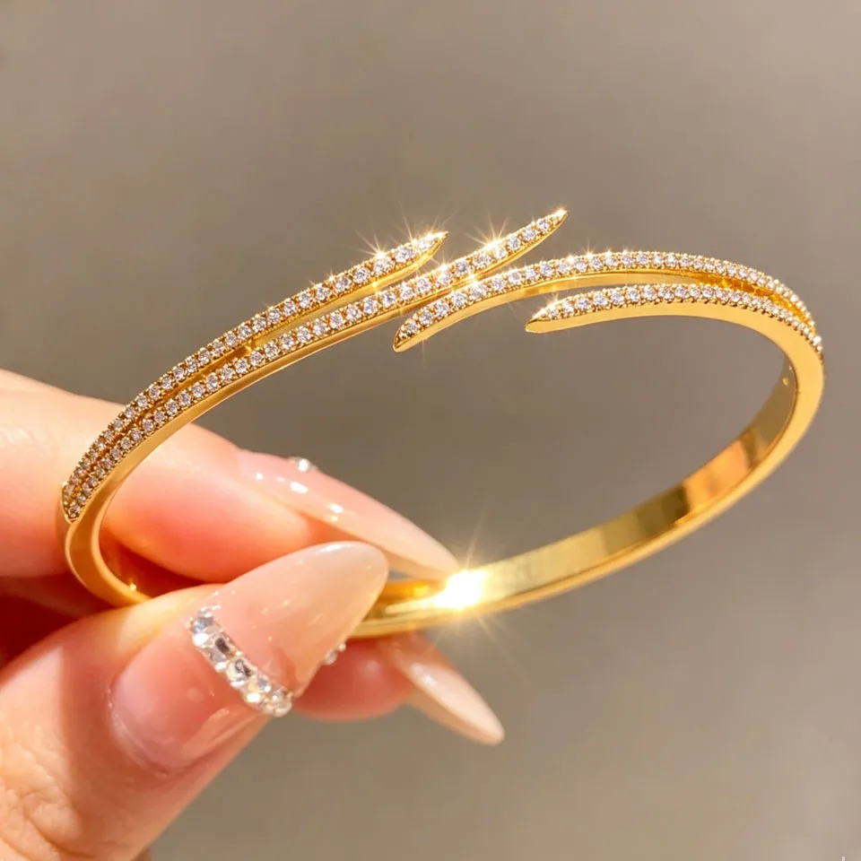 Yupsk Classic Full Zirconia Wing Shape Bracelet For Women Opening And Closing Buckle Cuff Bangles Wedding Party Jewelry