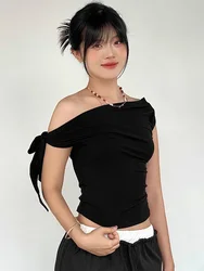 2025 Women'S Summer Ins Style New Shrink Pleated One-Shoulder Crop Top Backless Twist Tie Asymmetric T-Shirt Casual Top