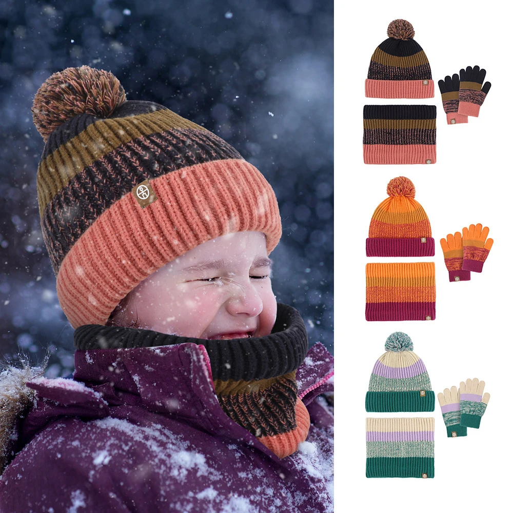 

3pcs Children Winter Hat Set Beanie Snood Gloves Kids Gilr Boy Knit Winter Bonnet Colorful Striped Plush Lining Pompom 2-10Y