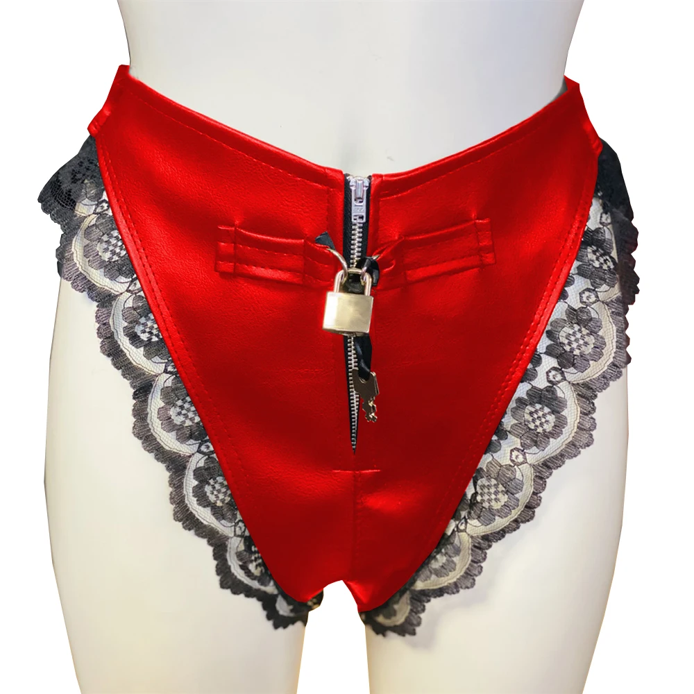 سراويل داخلية قابلة للقفل سيسي للجنسين بسحاب كلسون أسود من الدانتيل مُزين بقطع القماش من جلد البولي يوريثان ملابس تحتية للرقص مقاس كبير