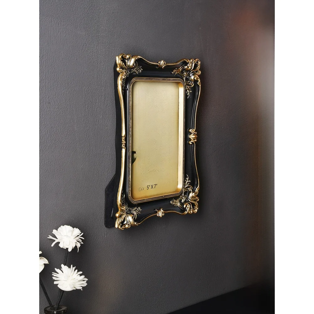 Stylish Resin Frame in Black Gold Combination with Geometric Outline and Floral Carving Fits Standard 5x7 Inch Photo Dimensions