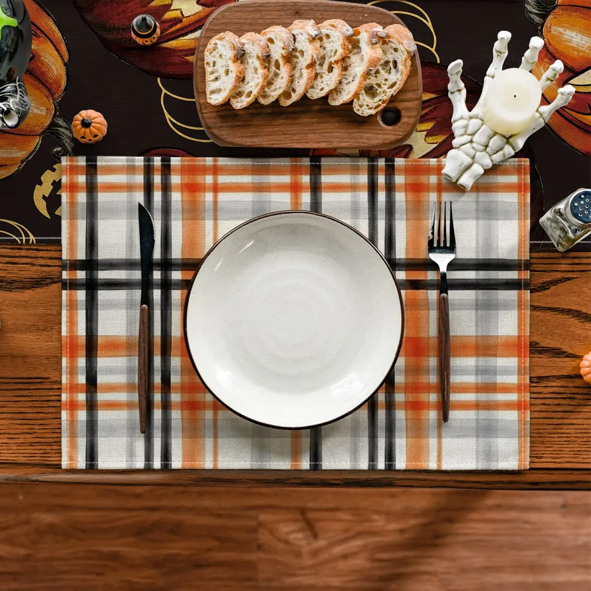 Orange Black Buffalo Plaid Fall Placemats Set of 4, 12x18 Inch Halloween Seasonal Table Mats for Party Kitchen Dining Decoration