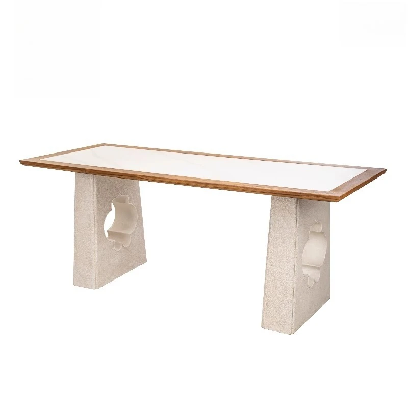 Chinese garden villa outdoor courtyard tables and chairs, terrace landscaping teak rock slab outdoor solid wood tea table