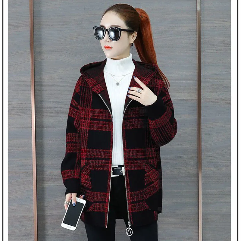 5XL Large Size Plush Thick Warm Coat Autumn Winter Women\'s Hooded Trench Coats Korean Loose Plaid Jacket Female Wild Zipper Tops