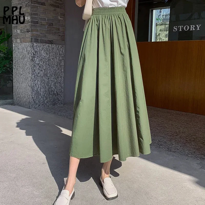 

Summer Casual Mid-Length Skirt Women Elastic High Waist Fashion Umbrella Skirts Oversize 3xl Solid Color Loose A-line Faldas