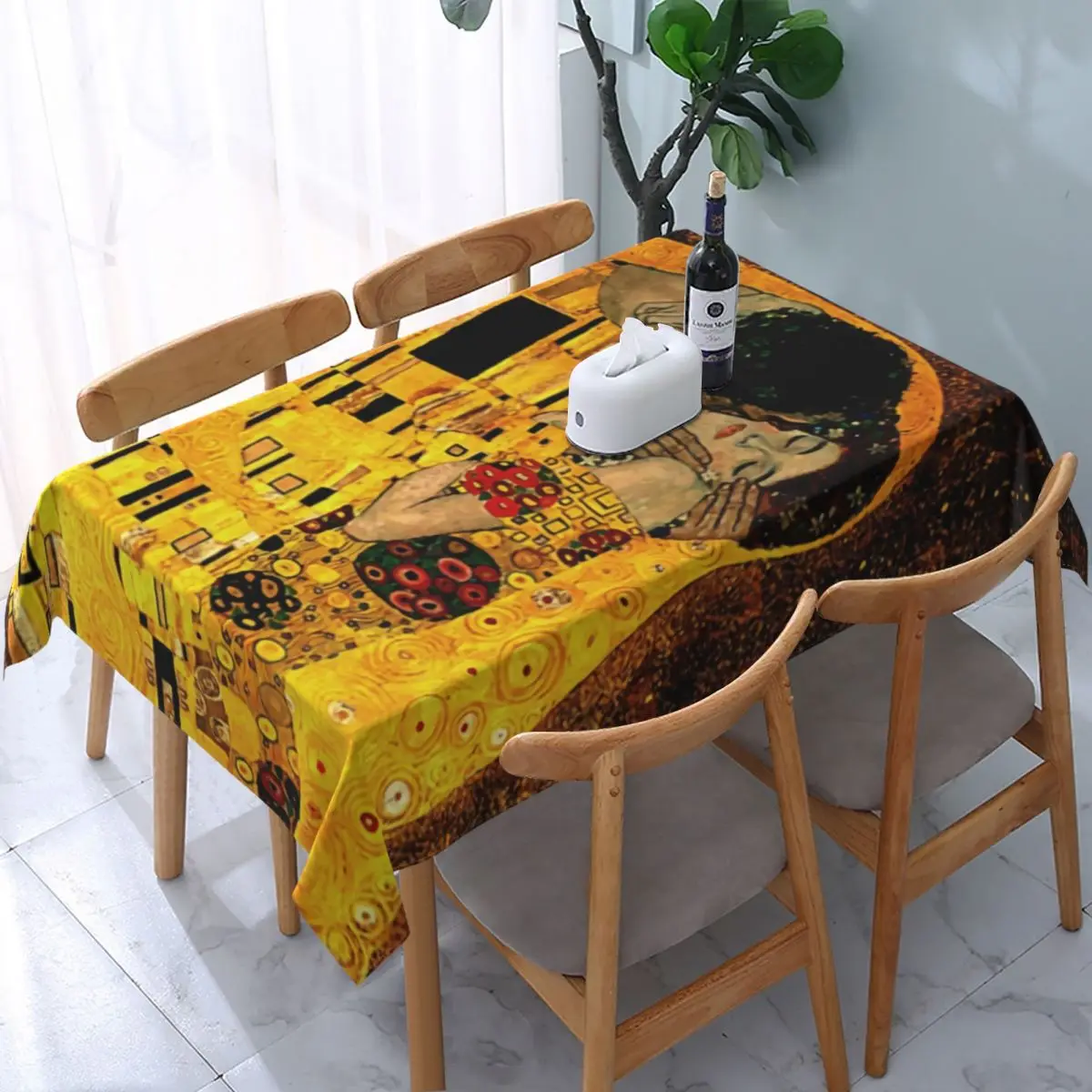 Rectangular Waterproof Oil-Proof Klimt Kiss Tablecloth Backing Elastic Edge Table Covers Gustav Klimt Freyas Art Table Cloth