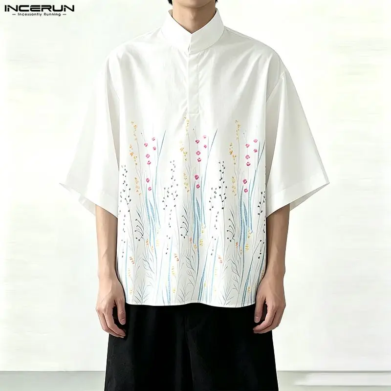 

INCERUN Men Shirt Printing Stand Collar Half Sleeve Loose Men Clothes Summer Streetwear 2026 Fashion Casual Tops For Man Shirts