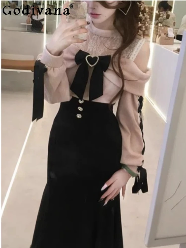 

Japanese Sweet Black Bow Lace-up Women Long Sleeve Dresses Cute Round Neck Versatile Off-the-shoulder Splicing High Waist Dress