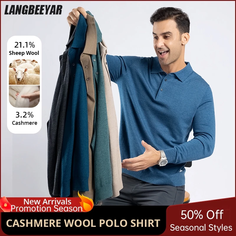 

High End Wool Cashmere Blend Men Polo Shirt Designer Fashion Brand Business Casual Solid Color Tops Long Sleeve Tops