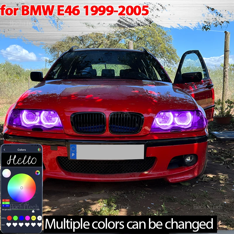 RGB colorful Angel Eyes Rings Led APP control Car Headlight DRL for BMW E46 325i 325xi 330i 330xi with HID headlights 1999-2005