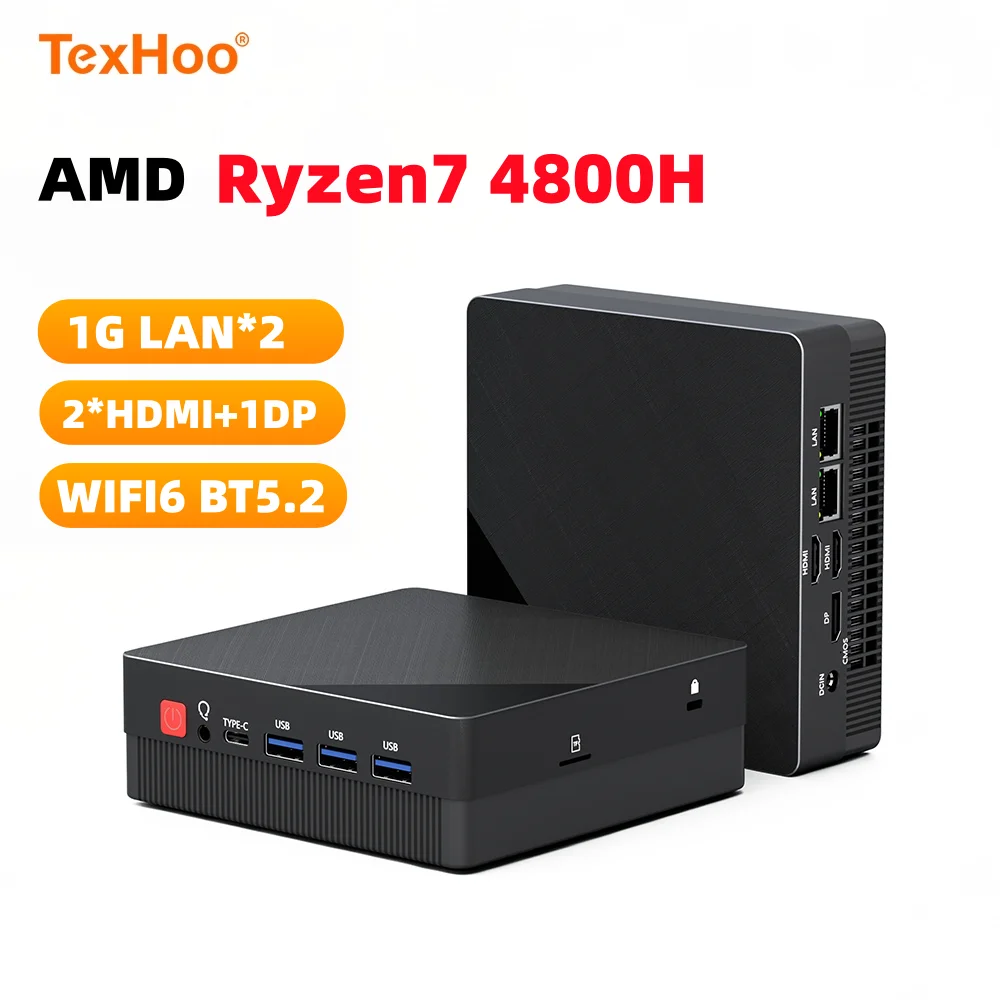 Texhoo MINI PC AMD Ryzen7 4800H 4.2GHz 2xLAN 16G DDR4 512GB SSD Pcle3.0 WIFI6 BT5.2 Triple Display Desktop Computer for Office ﻿