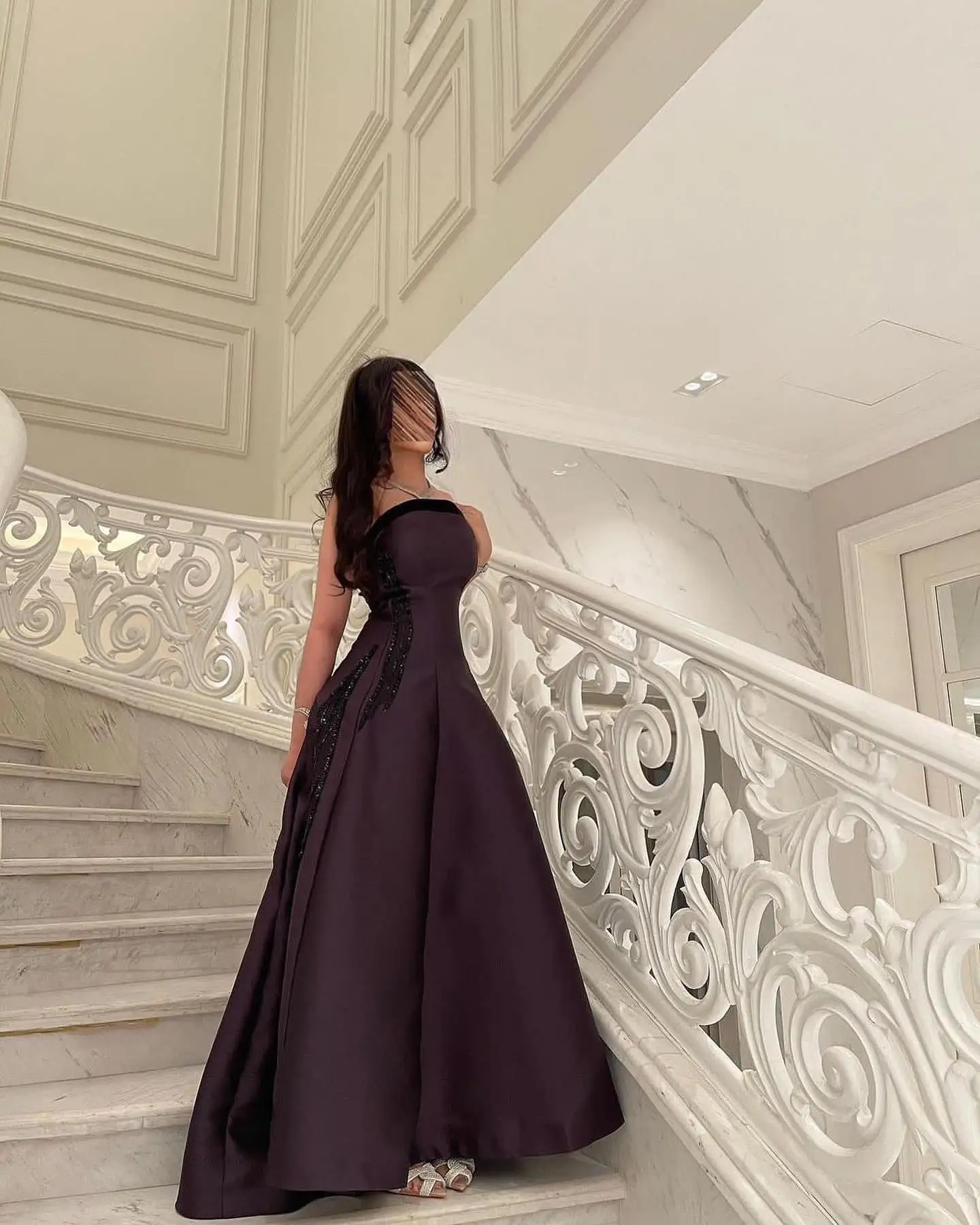 Customized Satin A-Line Detachable Sleeve Sequined Evening Dress Strapless Floor Length Panel Train Photo Color Exquisite image 2