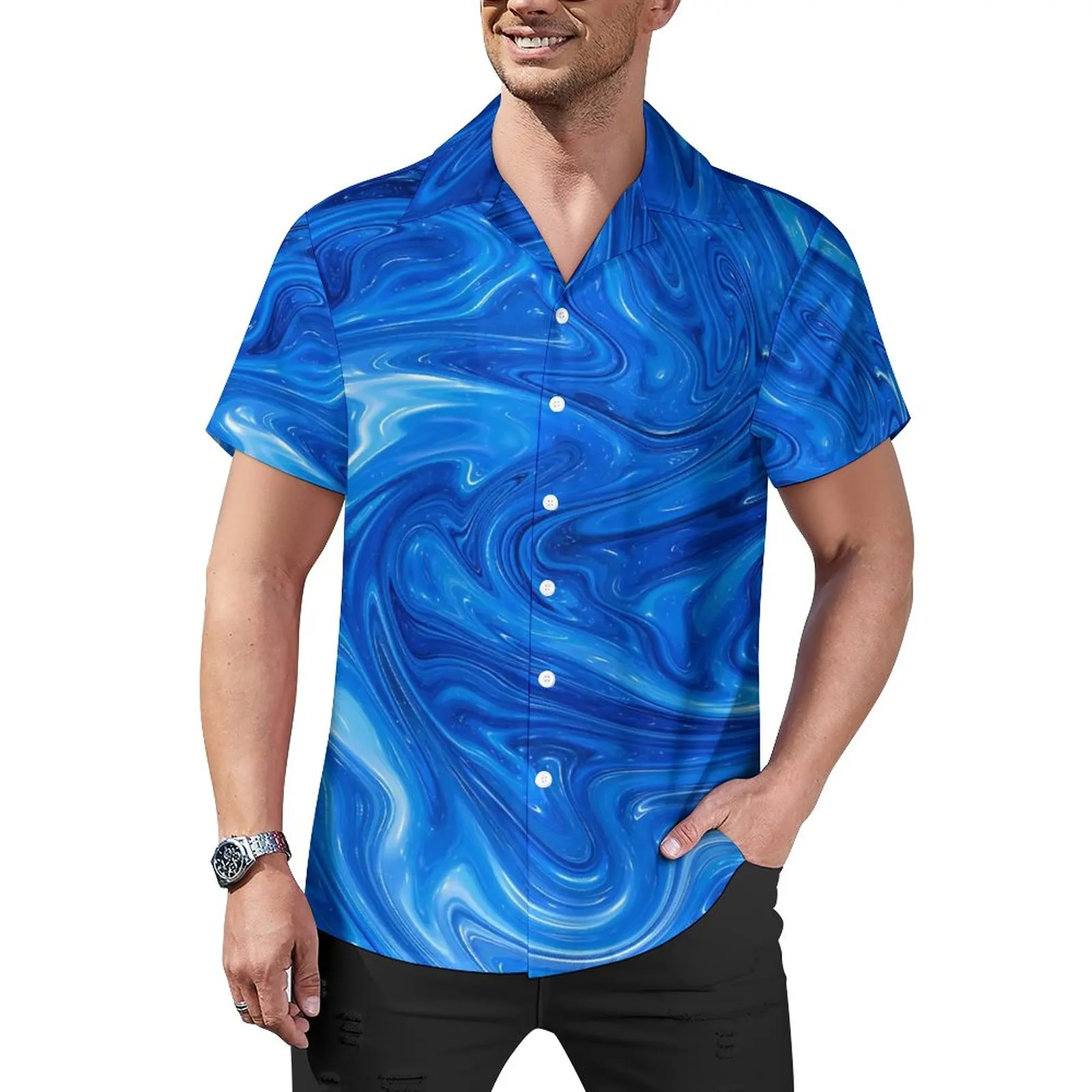 

Blue Marble Blouses Man Abstract Artwork Casual Shirts Hawaiian Short Sleeves Trendy Oversized Vacation Shirt Birthday Present