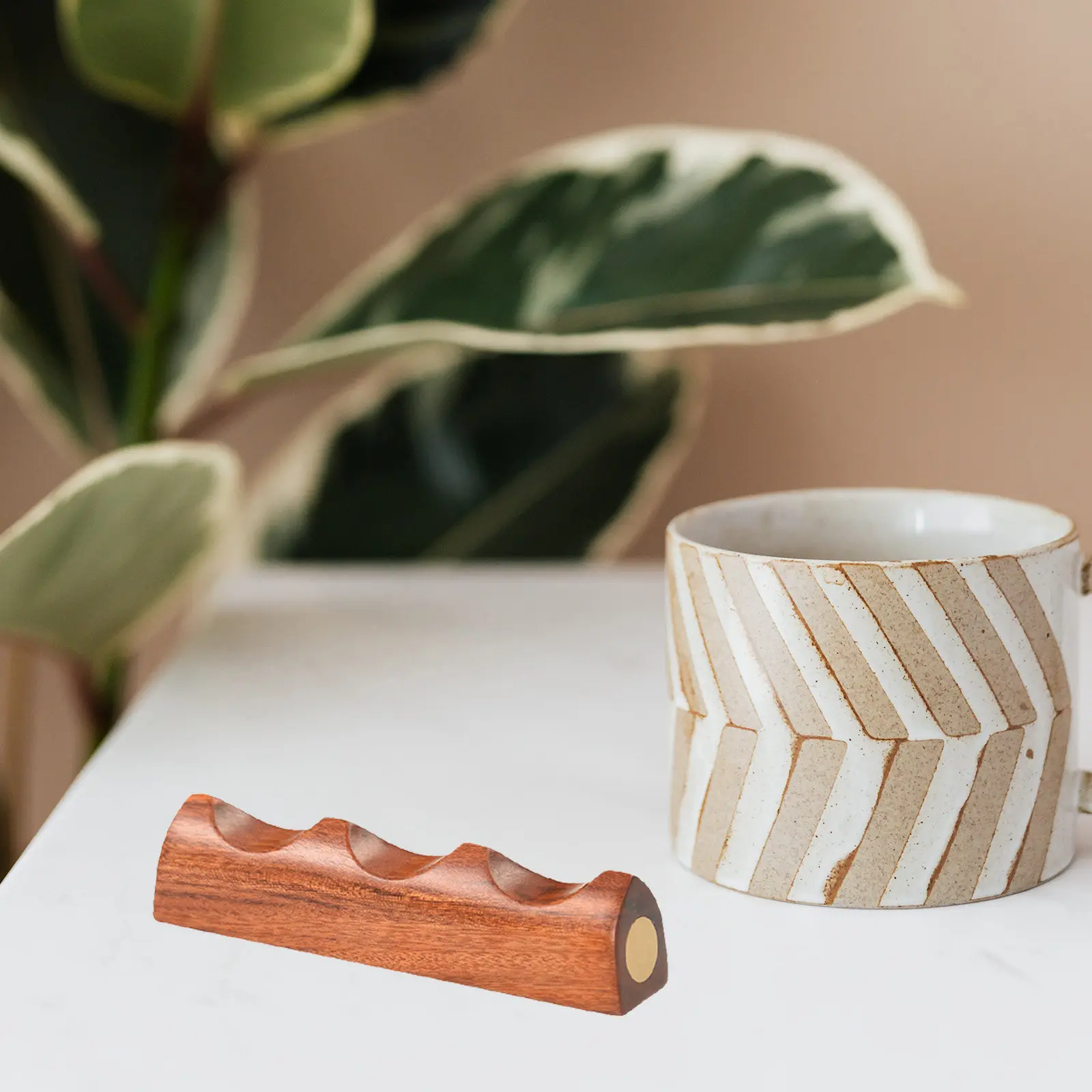 Wooden Calligraphy Pen Holder with Copper Accents Brush Rest for Sumi Ink Pens Calligraphy Brush Rack Desktop Decoration Study