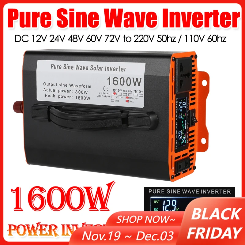 

Pure Sine Wave Inverter 1600W 12/24/48V TO 220V 110V Voltage Converter LED Display High Power Power Inverter Power Car Inverter