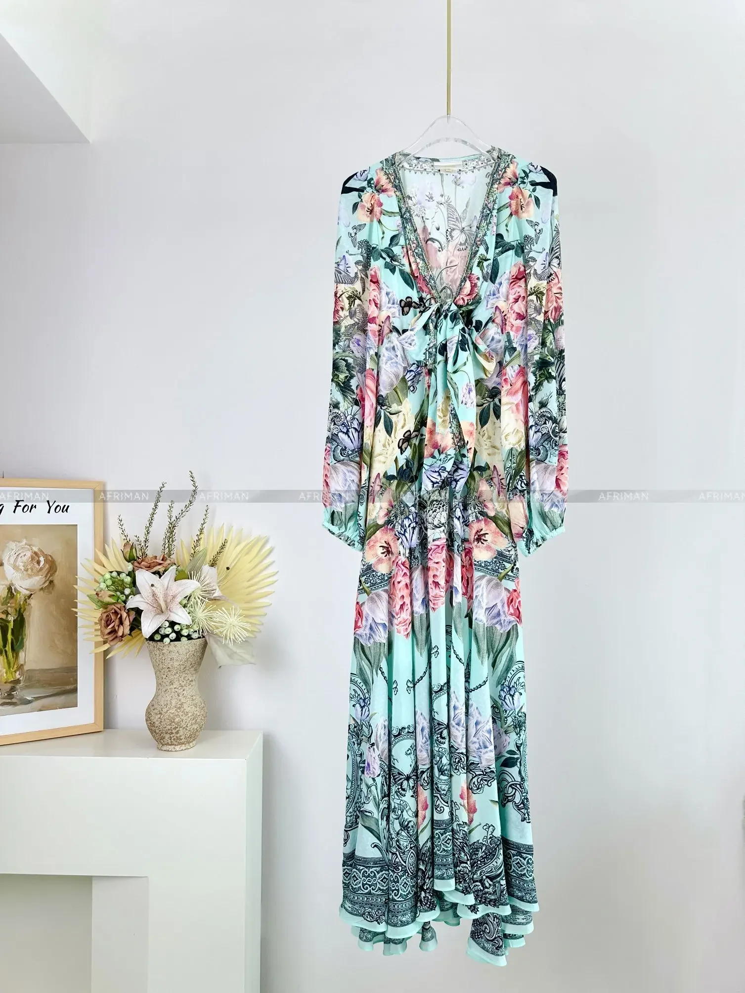 Women V Neck Crystal Beaded Cross Wrap Design Flower Print Maxi Long Silk Dress