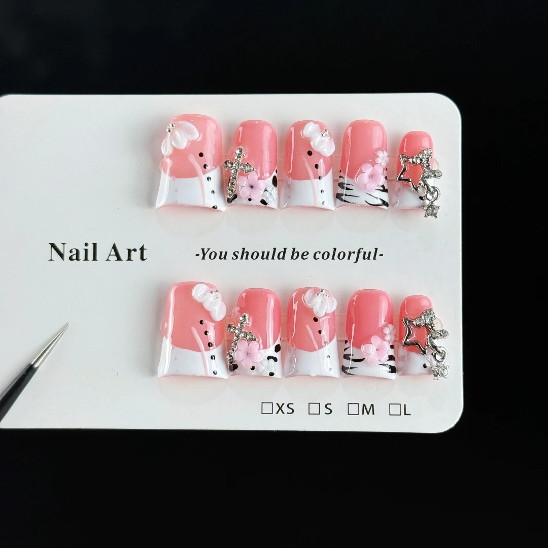 10pcs High-end Sweet and cool girl style, hand-painted zebra pattern, three-dimensional embossing, dazzling sparkly diamonds