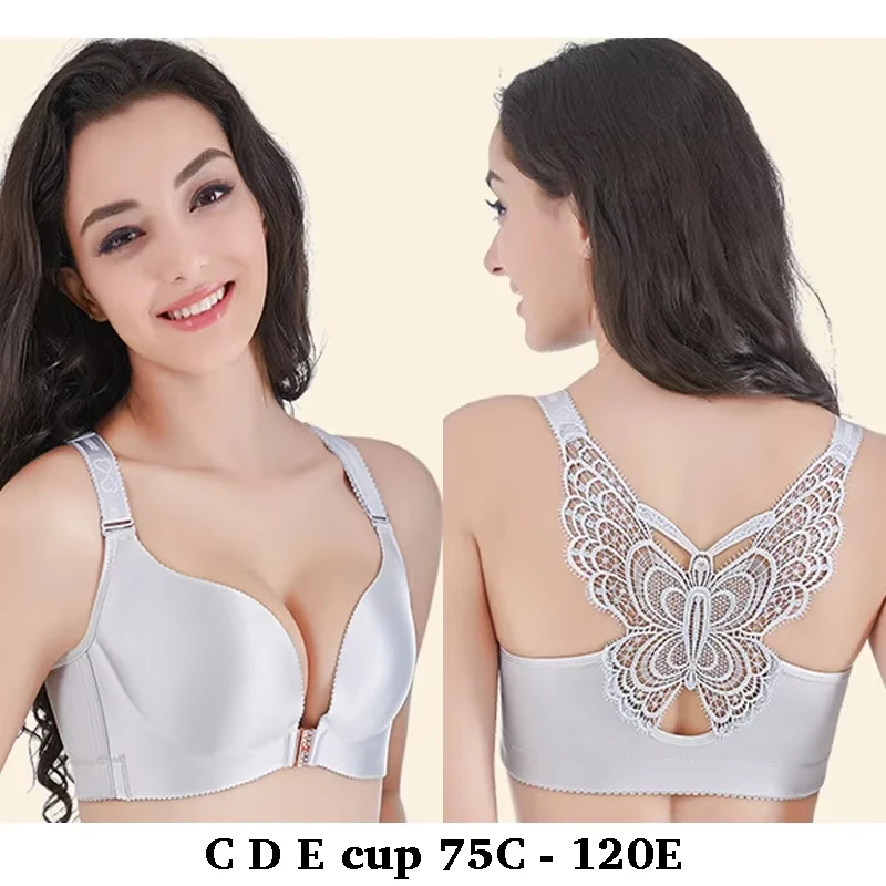

high quality sexy bras for women front closure big size C D E cup comfortable push up wireless lingerie underwear - black grey