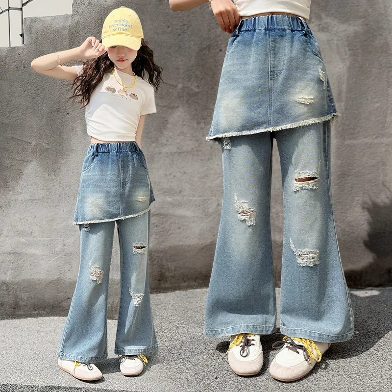 Spring Girls Jeans with Hole Summer 2026 Style Children's Denim Skirt Pants Fake Two-Piece Ripped Look Trousers for Kids