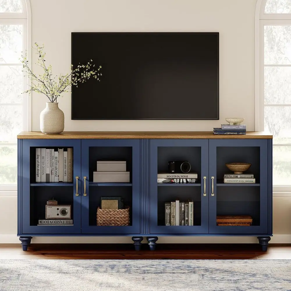 armhouse TV Stand or TVs Up to 75 inch, Glass Wooden Unil TV Stand with 2 Storage Cabi, Entertainment Center, ole Table or Livin