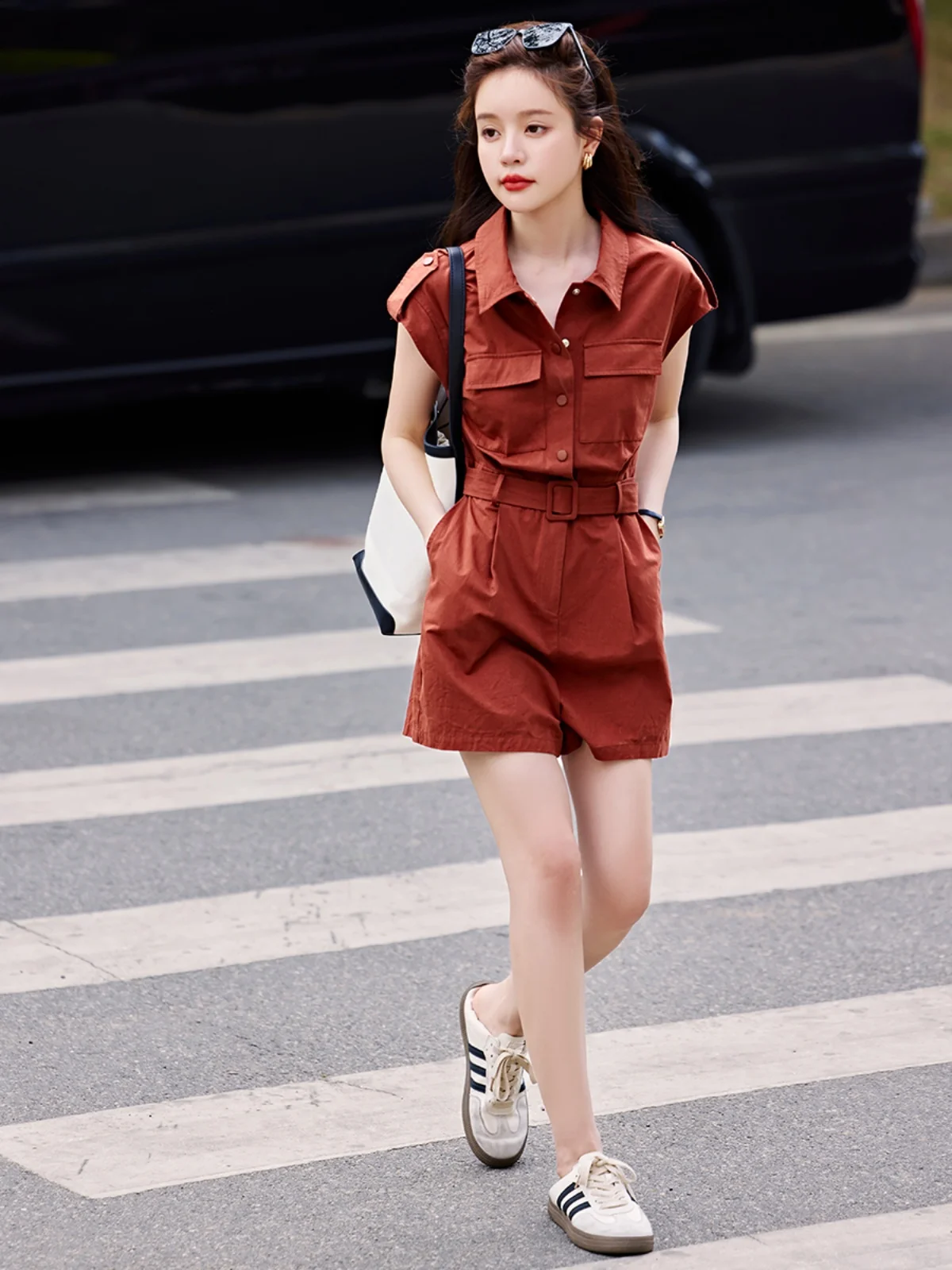 Mo Han  Mei Street Sle Slimming Workwear Inspired Svel One-Piece Summer New Arrival High Waist Cotton Blend