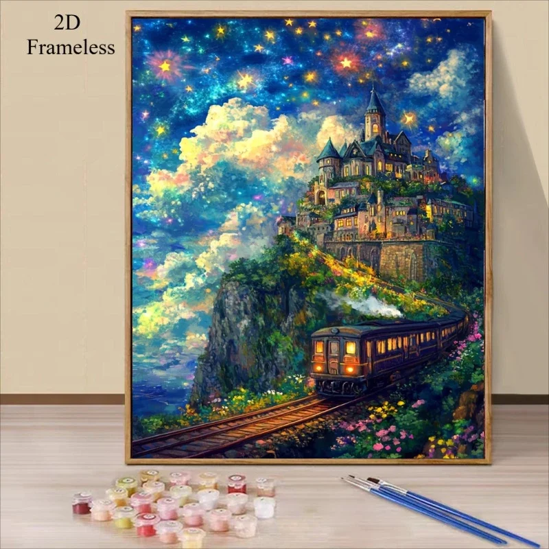 Diamantmalerei Nachtzug Malen nach Zahlen DIY Rahmenloses Diamantmalerei-Set Landschaft für Erwachsene Anfänger-Set Malset