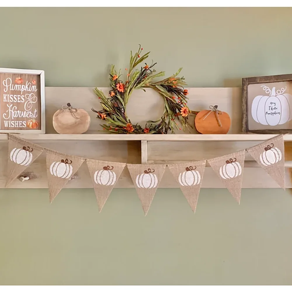 

Halloween White Pumpkin Triangular Flag Banner Fall Holiday Fireplace Decor Spooky Season Home Accessories Housewarming Gift