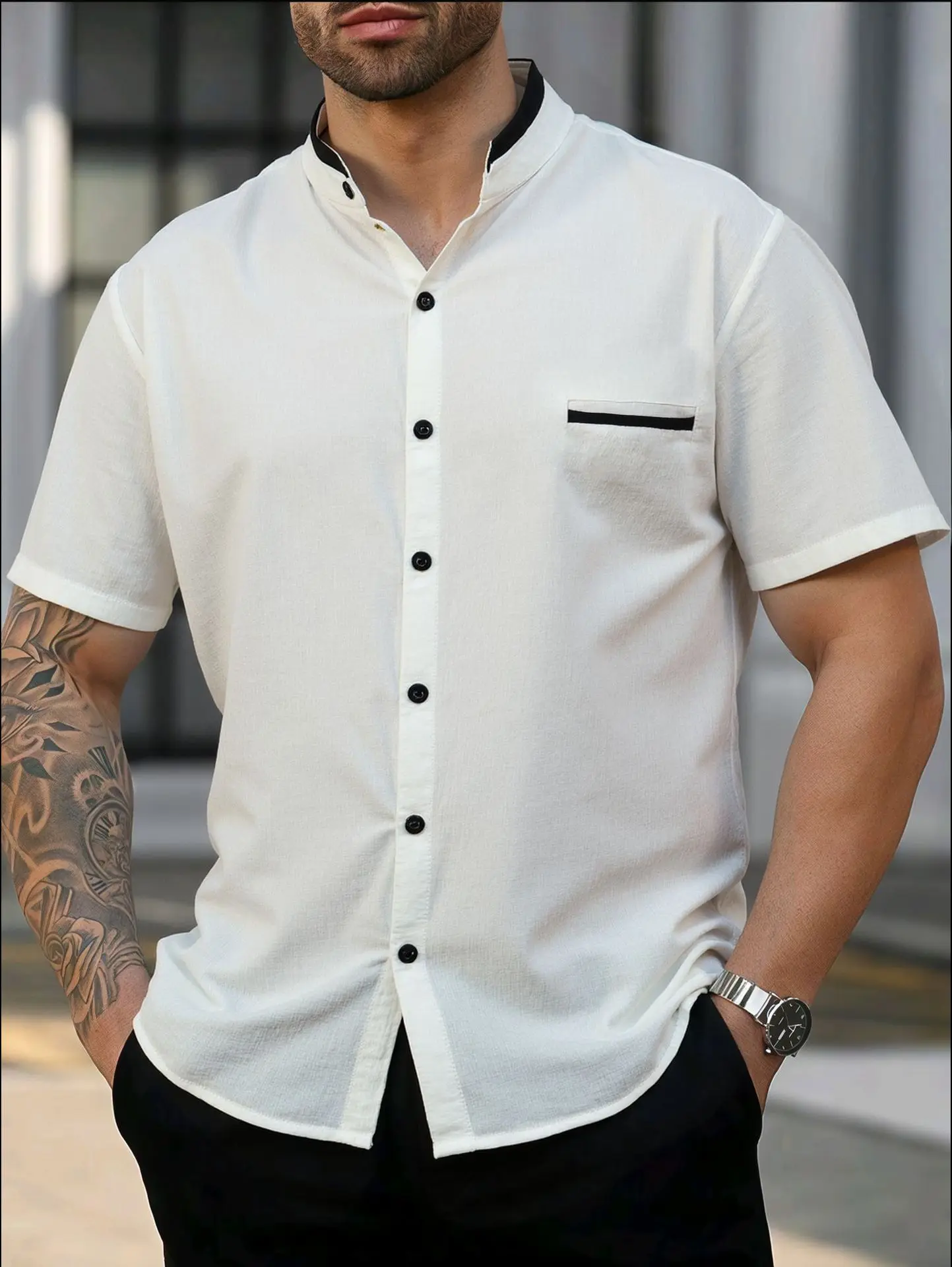 

2025 New Style Men's Standing Collar Short-Sleeved Shirt for Business and Casual Wear, Slim-Fitting, Summer Plain Color Shirt