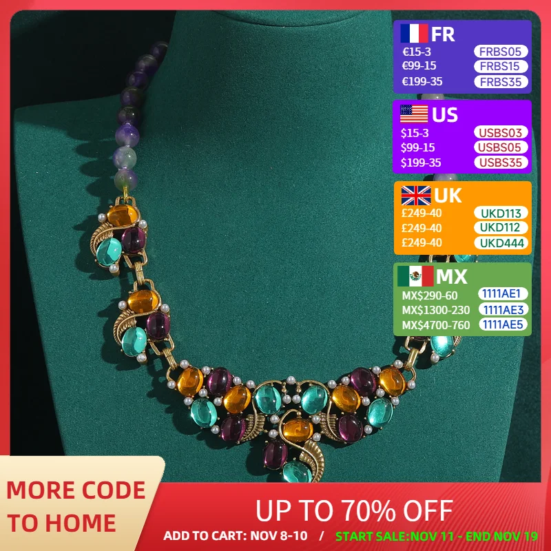 

Vintage Purple Beaded Choker Necklaces Colored Yellow Blue Oval Glass Grape Gold Color Flower Antique Jewelry Accessories Women