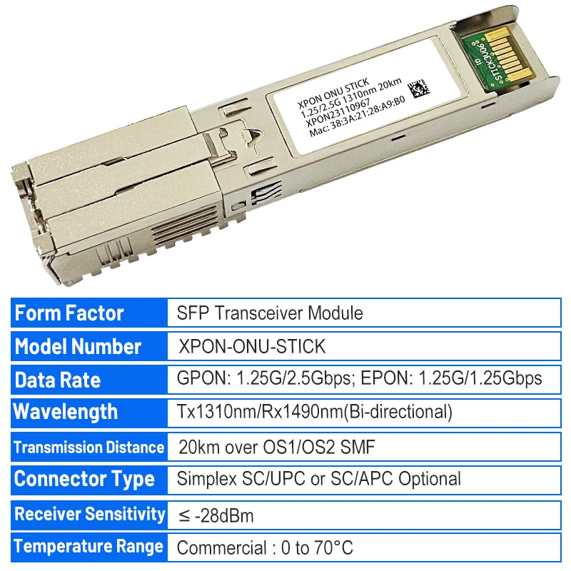 Módulo de SFP da vara de XPON ONU, SFP, 1.25G, 2.5G, SC, UPC ou APC, endereço do Mac, PoE, IPEX, HGU, 1310nm, 20km, OnT, XPON = EPON, GPON