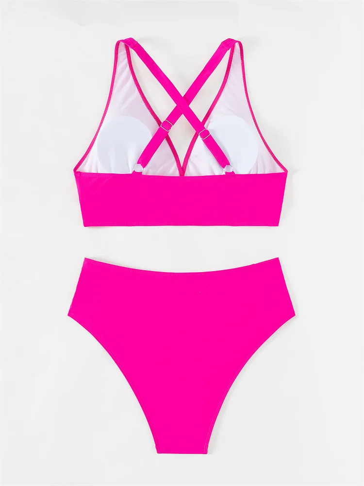 Bikini de cintura alta para mujer, traje de baño con cuello de pico, Tanga Sexy, ropa de playa de talla grande, 2024