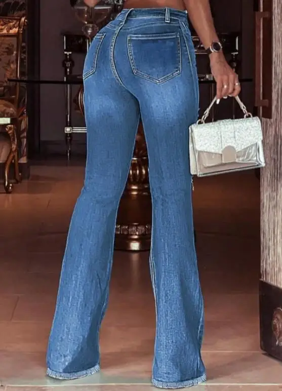 بنطال جينز نسائي متوسط الخصر بقصة ضيقة ومطاط بتصميم عتيق لمجموعة الخريف والشتاء الجديدة