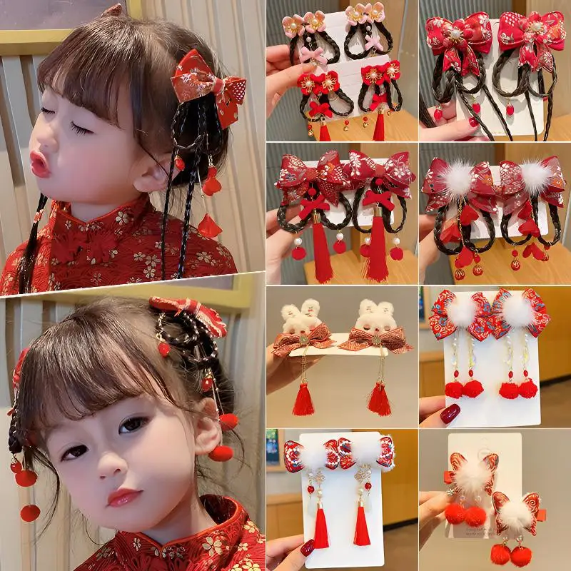 

New Style Girls' Hanfu Hair Accessories Red Antique Style Hair Clips Girls' Hair Flowers Kids Chinese Style Hair Accessories