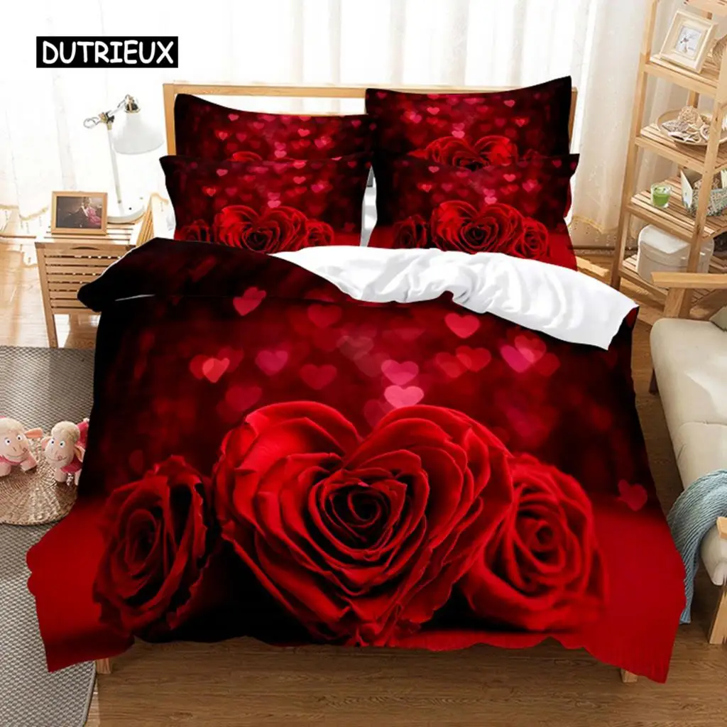 

Red Rose Duvet Cover Comforter Pillow Case King Queen Size Flower Theme Valentine's Day Present for Women Room Decorations Gifts