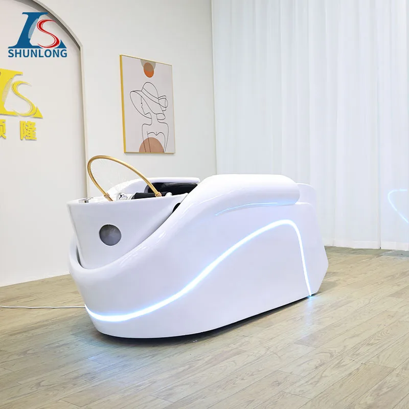 Electric Head Spa Shampoo Bed White Shell Blue LED Light Water Circulation Hair Washing Chair for Hair Salon