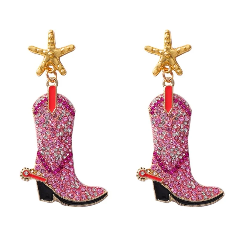 Women Modern Western Drop Earrings Gold Tone With Starfish Stud & Sparkly Pink Cowboy Boot Pendant Trendy Accessories