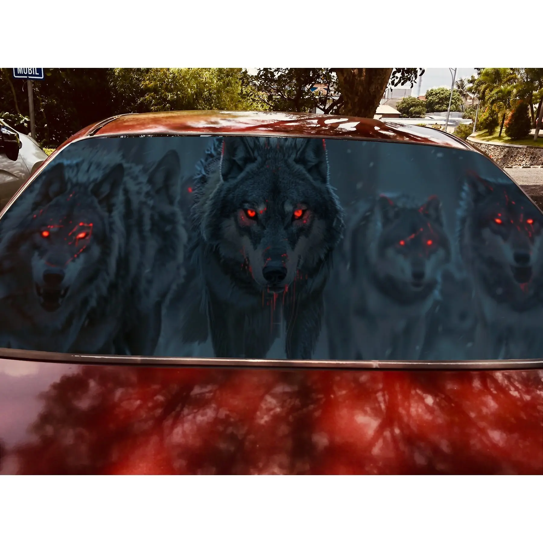 Dark Blood Wolves PVC Perforated Car Vinyl Wraps, Privacy Enhancing Design for Rear Window, Car Rear Windshield Sticker for Most