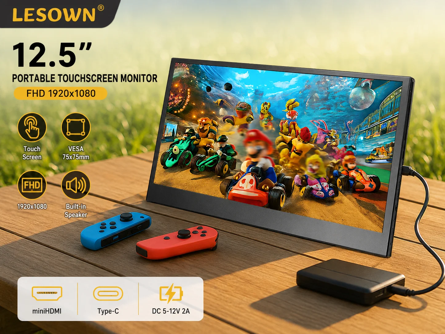 LESOWN 12.5-inch Portable Display FHD LCD Driverless Second Monitor with Capacitive Touch Aluminum for Steam Deck